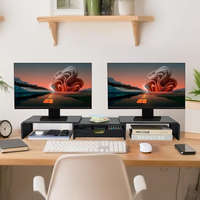 LEKETREE Dual Monitor Stand Riser with Drawer, Computer Stand for Desk, Workspace Desktop Stand, Desk Organizer for Computer, Laptop, TV and More (Black) - Image 3