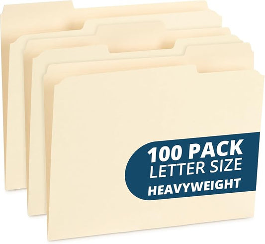 Blue Summit Supplies 100 Heavy Duty Manila File Folders, Letter Size, 14pt | Heavy duty 14pt manila, reinforced 1/3 cut tabs, for office, home, and classroom document filing by BlueSummitSupplies
