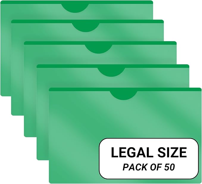 Doctor Stuff- 50 Pack, Vinyl Plastic Pocket File Folders Closed Sides, Legal Size, Clear Front Top Loading Job Jacket, Documents Holder for Office, High School and Medical Files, Green by DoctorStuff