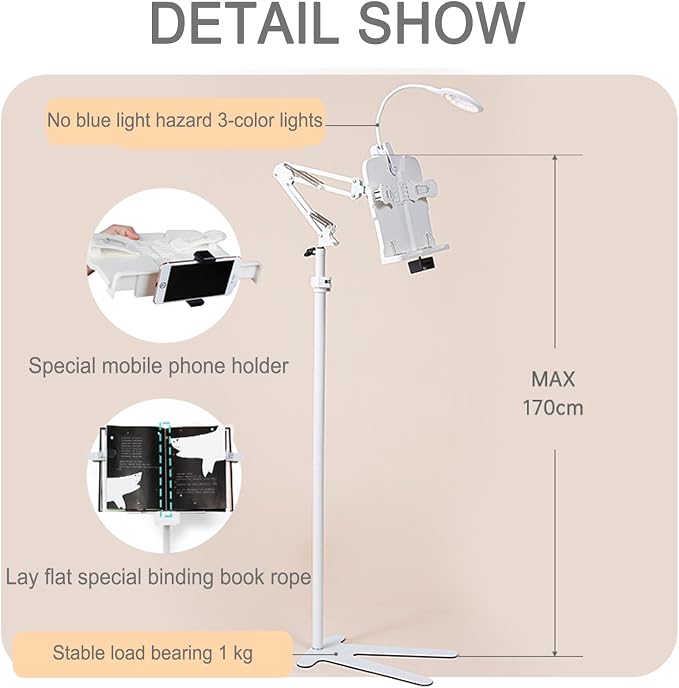 Book Stand for Bedsid, Book Light and 2 Spring Clips, with Phone Holder, Long Arm Table Music Stand, Adjustable Height Angle, for Laptop Phone Tablet, for Cookbooks, Textbooks, Magazines - Image 2