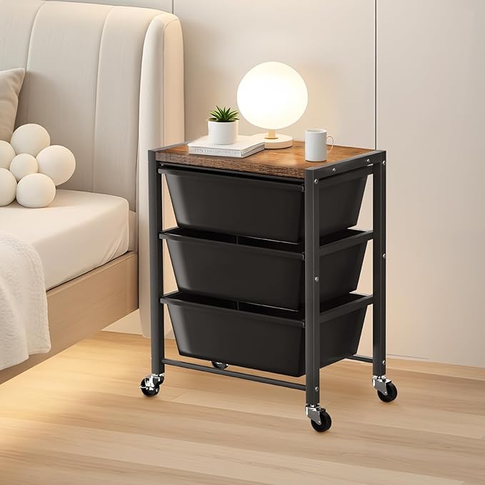 Rolling Cart with 3 Drawers, Plastic Drawer Storage Carts with Lockable Wheels & Wooden Tabletop, Metal Utility Cart Organizer, Office Bedroom Classroom Craft Organization and Storage, Dark Black - Image 2