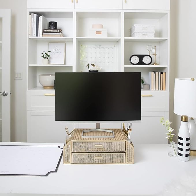 BLU MONACO | Monitor Stand with Drawer Storage | Desk Top Monitor Stand Riser Gold | Computer Support Organizer Elevador de Monitor - Image 3
