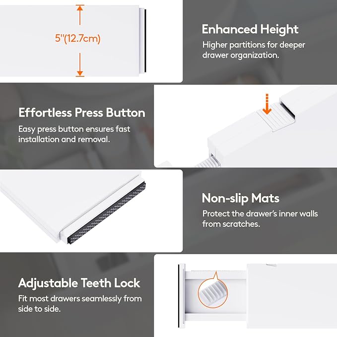 Lifewit 5" Tall Upgrade Drawer Dividers, Adjustable Deep Drawer Organizer | 13.5"-22" Expandable White Drawer Separator for Clothes, Dresser/Kitchen/Closet/Bedroom/Office Organization & Storage, 6 Pack - Image 6