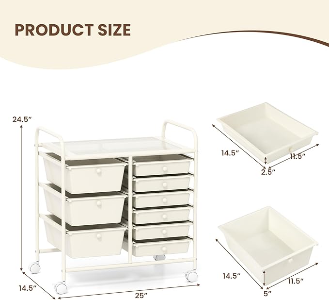 COSTWAY Rolling Storage Cart with 9 Drawer, Utility Cart with Metal Frame | Mobile Art Supply Craft Organizer, Multipurpose Storage Organizer for Paper, Office, School Teacher, Classroom, White - Image 3