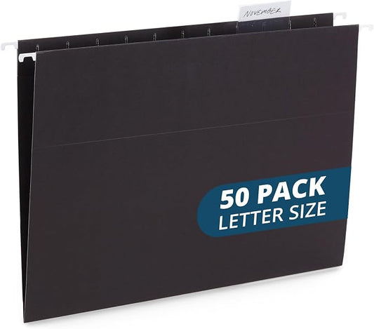 Blue Summit Supplies 50 Hanging File Folders, Letter Size, Black | Reinforced 11pt, 1/5 cut tabs, plastic tabs and inserts included, for filing cabinet, home, and office use by BlueSummitSupplies