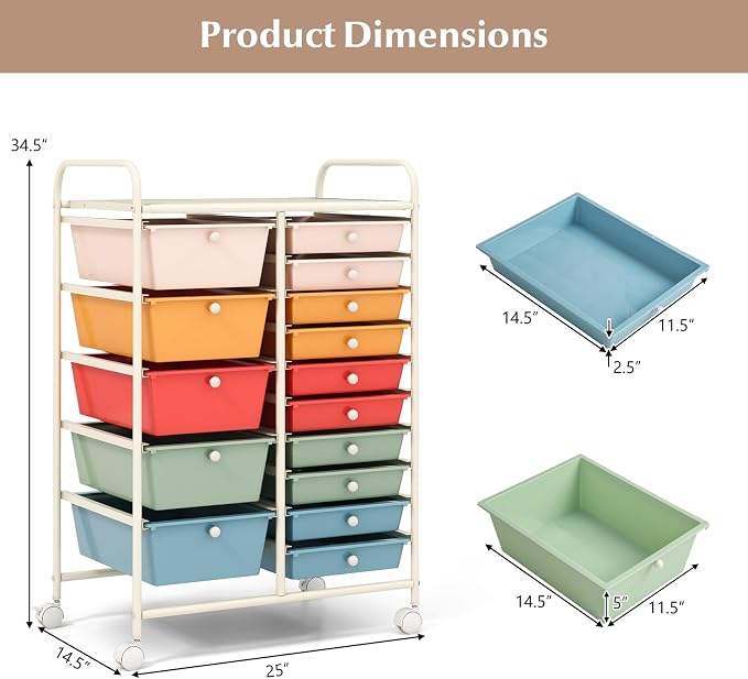 COSTWAY 15 Drawer Rolling Storage Cart, Mobile Storage Organizer | Removable Drawers & Metal Frame, Multipurpose Utility Tools Paper Organizer on Wheels for Home, Office (Macaron) - Image 3