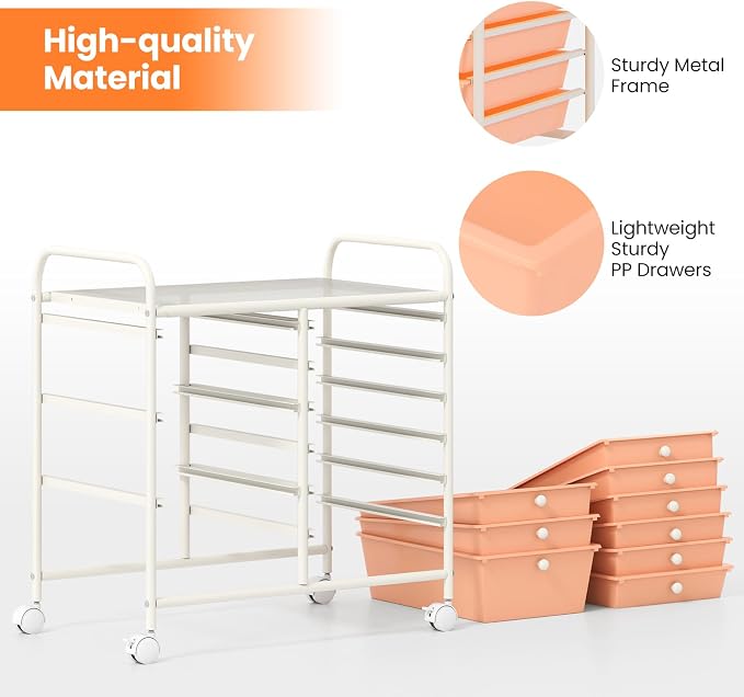 Giantex 9 Drawers Rolling Cart, Classroom Organizers, Storage Cart with Wheels, for Teacher Office Home School Supplies Tool Craft Art Paper, Peach Fuzz - Image 7