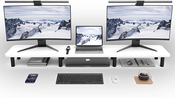 Dual Monitor Stand Riser 43.7 inch Large Extra Long Monitor Stand Riser Wide TV Stand Riser Monitor Stand for 2 Monitors Wood & Steel Leg Desktop Riser Desk Organization Home Office (White) by WEGASTU
