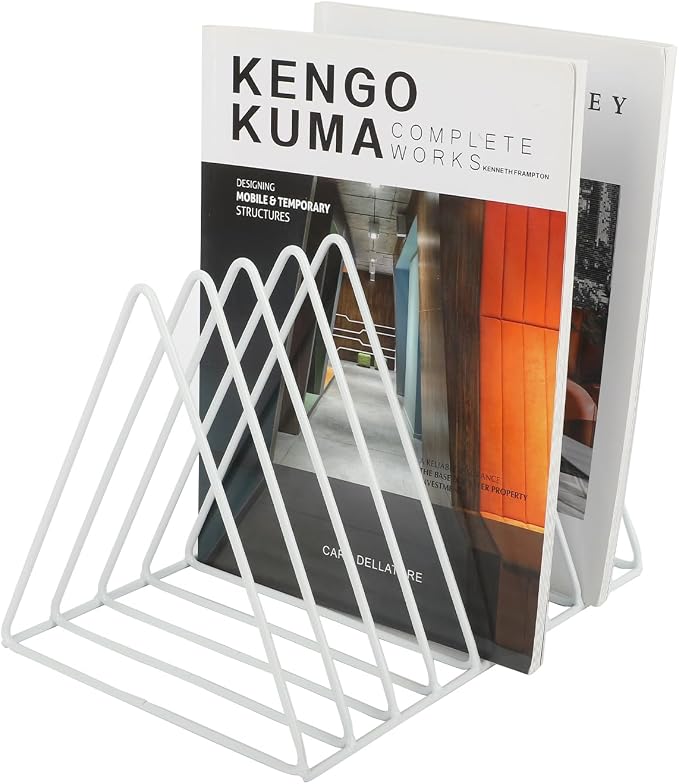 Vinyl Record Holder Storage, 9 Slot Metal Magazine Book Album Display Rack, Stylish Triangle Desktop File Sorter Organizer for Home Office, White Pack of 2 - Image 6
