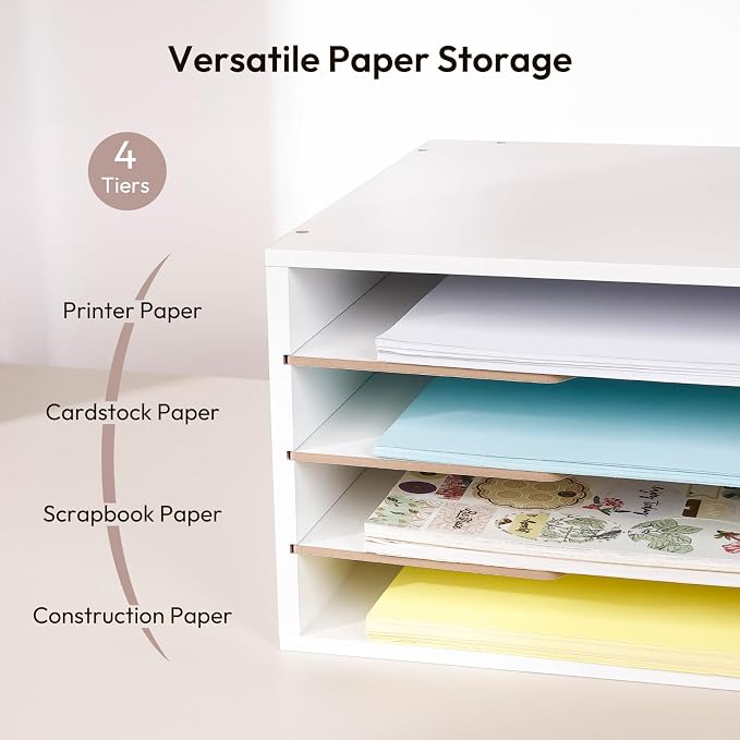 12x18 Construction Paper Organizer, 4-Tiers Paper Storage Shelf | Adjustable Wooden Desk Organizer, Stackable File Holder and Letter Tray for Office, Home, Classroom - Image 3