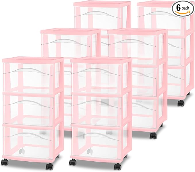 Sterilite 6 Pack 3 Drawer Storage Cart, Plastic Rolling Organization, Pink | Clear Plastic Organizer Drawers with Wheels for Craft Supplies, Bath Essentials, or Home Accessories by Sterilite