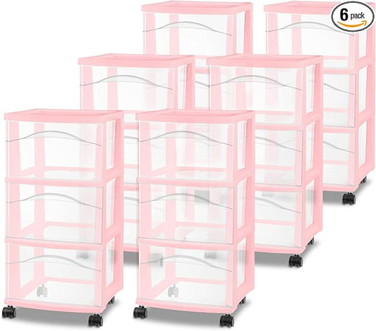 Sterilite 6 Pack 3 Drawer Storage Cart, Plastic Rolling Organization, Pink | Clear Plastic Organizer Drawers with Wheels for Craft Supplies, Bath Essentials, or Home Accessories by Sterilite