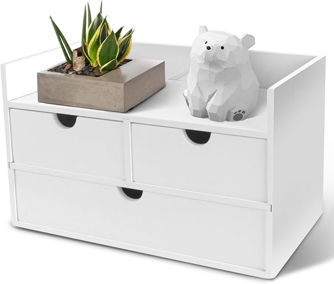 Charmewooden Bamboo Desk Organizer 3 Drawer with Shelf, Countertop Organizer with Drawers Makeup Storage Drawer 3 Drawers Tabletop Storage Organization Box Home Office Workspace（White） by Charmewooden