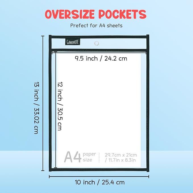 GAMENOTE 30 Pack Dry Erase Pockets, 10x14 Reusable Sleeves, Black | 30 reusable PVC pockets hold 8.5 x 11 and 9 x 12 sheets; double sided wipe clean surfaces, pen loops, eyelets, and 5 rings - Image 2
