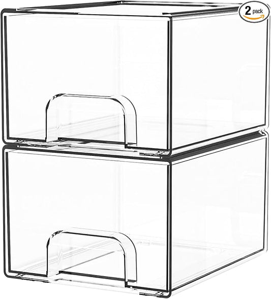 2 Pack Clear Stackable Storage Drawers,4.4'' Tall Acrylic Drawer Containers for Organizing,Bathroom Organizers and Storage Bin Box,Plastic Makeup,Medicine Organizer Bins for Cabinet,Undersink by Yieach