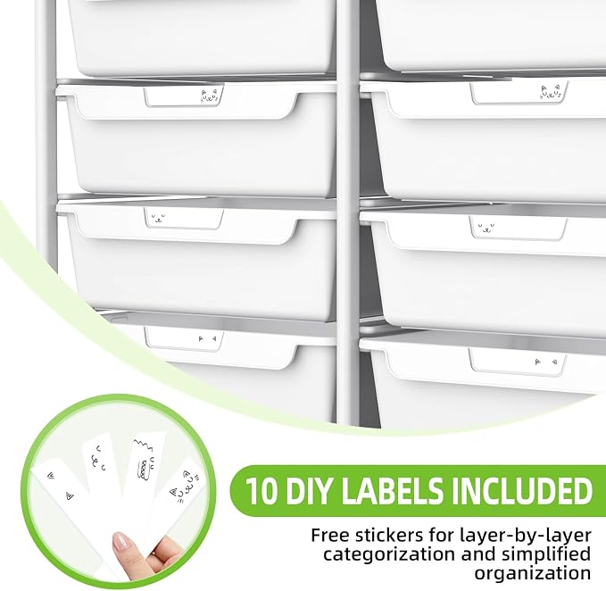10 Drawers Rolling Cart with Wooden Tabletop, Utility Storage Cart with Wheels, Art Supply Craft Organizer on Wheel with Metal Frame & Handles for Home Office School (Pure White) - Image 6