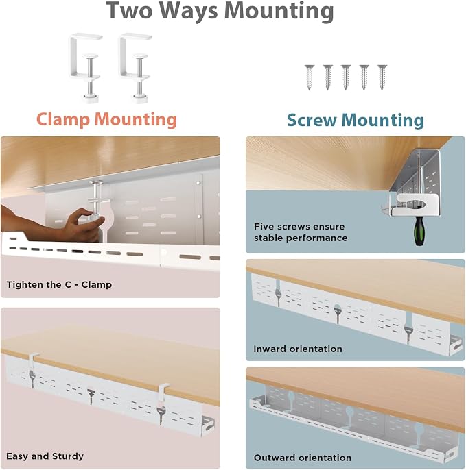Univivi Under Desk Cable Management Tray, Cable Management, 48 inch, White | Durable Steel Material, Cord Organizer with No-Drill C-Clamp and Screw Mount, Effortless Wire Management for Office/Home - Image 2