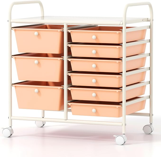 COSTWAY Rolling Storage Cart with 9 Drawer, Utility Cart with Metal Frame | Mobile Art Supply Craft Organizer, Multipurpose Storage Organizer for Paper, Office, School Teacher, Classroom, Peach by COSTWAY