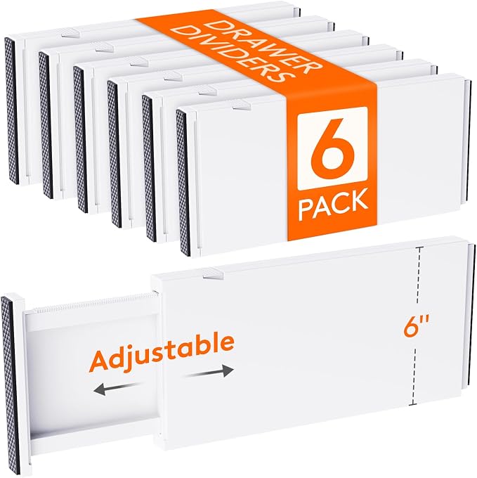 Lifewit 6" Tall Upgrade Drawer Dividers, Adjustable Deep Drawer Organizer | 13.5"-22" Expandable White Drawer Separator for Clothes, Dresser/Kitchen/Closet/Bedroom/Office Organization & Storage, 6 Pack by Lifewit