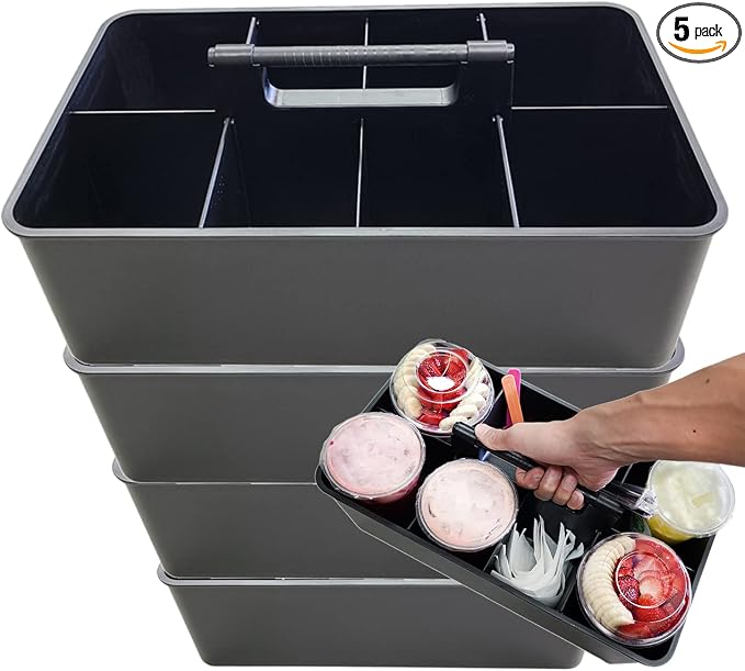 -Extra Large Big Portable Carry Caddy, DIY Dividers, 8 Compartments Portable Basket with Handle Storage Organizer Stackable Made in USA (5 PACK, Black) by EnjoyOrganizer