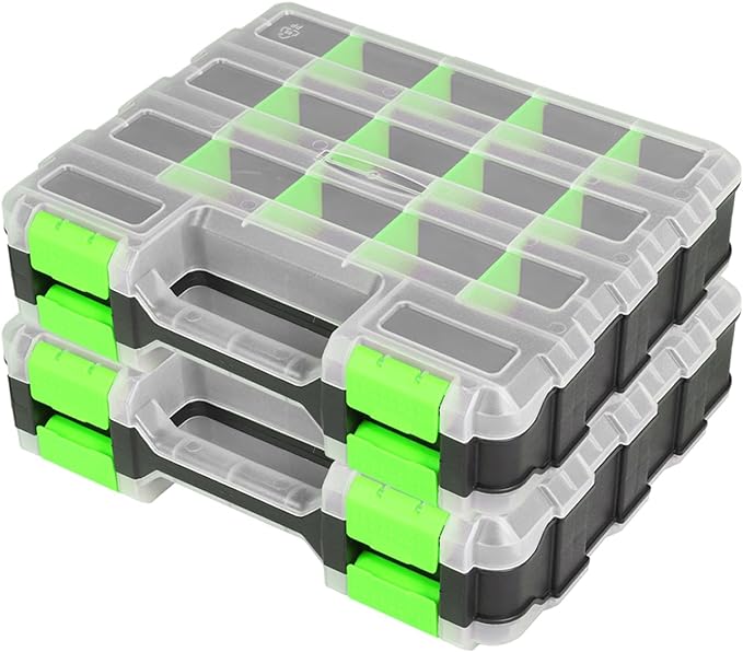 Jack Boss Tool Box with Transparent Lid, Double Side 34-Compartments Organizer Box with Removable Dividers for Hardware, Screws, Bolts, Nails, Beads, Jewelry and Fishing Accessories, Green, 2 Pack by JACKBOSS