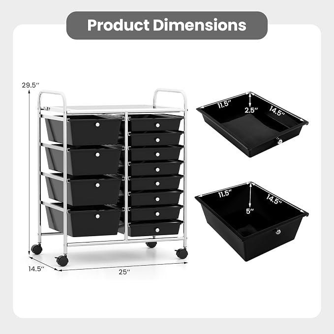 Giantex 12 Drawer Rolling Cart with Drawers, Storage Organizer Cart for Classroom Office School Teacher, Mobile Drawer Cart for Tools, Crafts, Small Printer, Black - Image 3