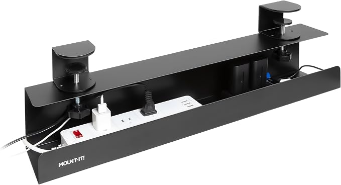Mount-It! Under Desk Cable Management Tray – Clamp-On No-Drill Metal Cable Management Tray for Desk & Standing Desk, Wire & Cord Organizer for Power Strips, Glass Desks – 23.6” Black by Mount-It