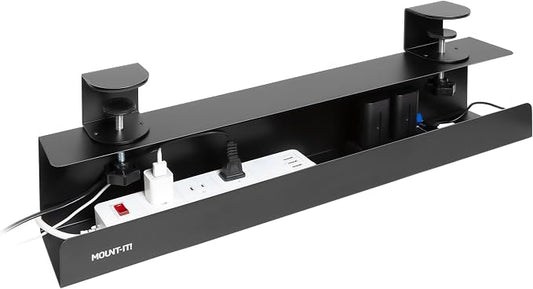 Mount-It! Under Desk Cable Management Tray – Clamp-On No-Drill Metal Cable Management Tray for Desk & Standing Desk, Wire & Cord Organizer for Power Strips, Glass Desks – 23.6” Black by Mount-It