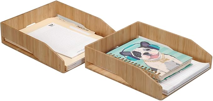 MobileVision 2 Pack Stackable Bamboo Paper Tray Office Organizer for Files, Documents, Letter Sorter, Envelopes and Magazine Holder - Image 6