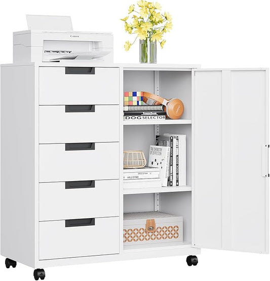 MIIIKO 5 Drawer Storage Cabinet with Door and Shelf, Mobile Lateral Cabinet on Wheels, Office Small Organizer Printer Stand, White File Cabinets