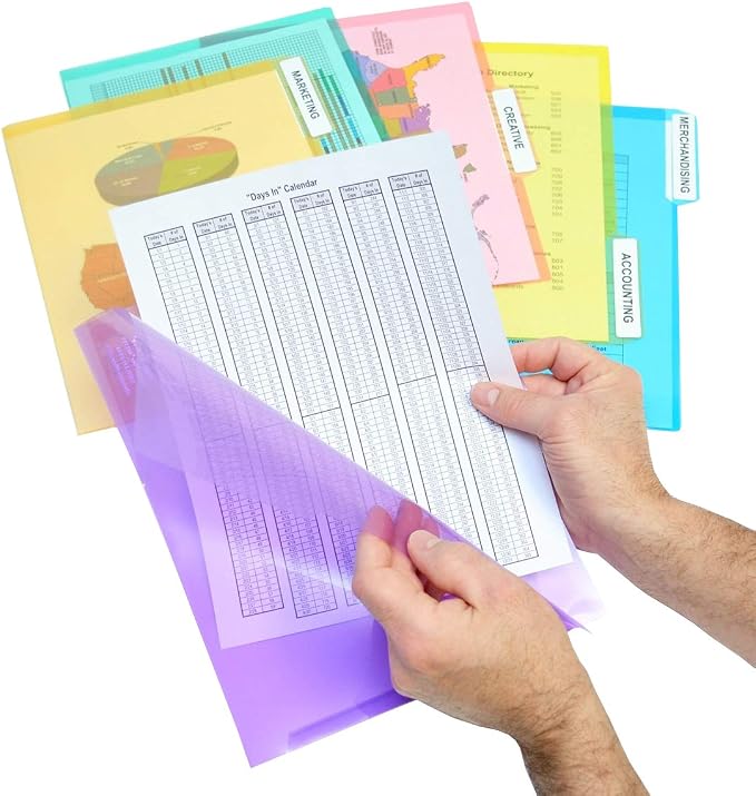Ultimate Office Poly Color File Folders Letter Size, 3rd-Cut Tabs Set of 18 | PocketFiles Heavy Duty Transparent Files, Sealed on 2 Sides to Secure and Protect Documents and are Tabbed for Easy Indexing by UltimateOffice