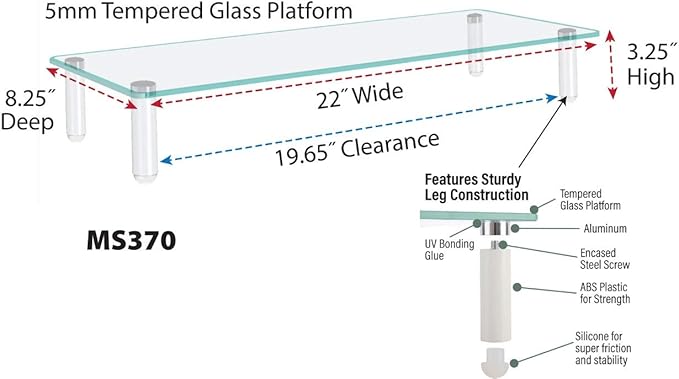 Kantek Glass Monitor Riser with 5mm Tempered Glass Platform and 40-Pound Capacity, 22-Inch W x 8.25-Inch D x 3.25-Inch H, Clear Glass (MS370) - Image 3