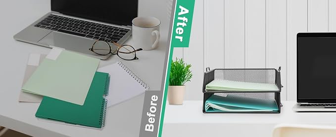 Exerz Paper Sorter Stackable/Desk Letter Tray A4 File Holder 2pcs - Wire Mesh - Office, School - Black | Durable Metal Mesh Holds Papers Files Folders Notebooks And Magazines For Office Home Study Classroom Desks - Image 8