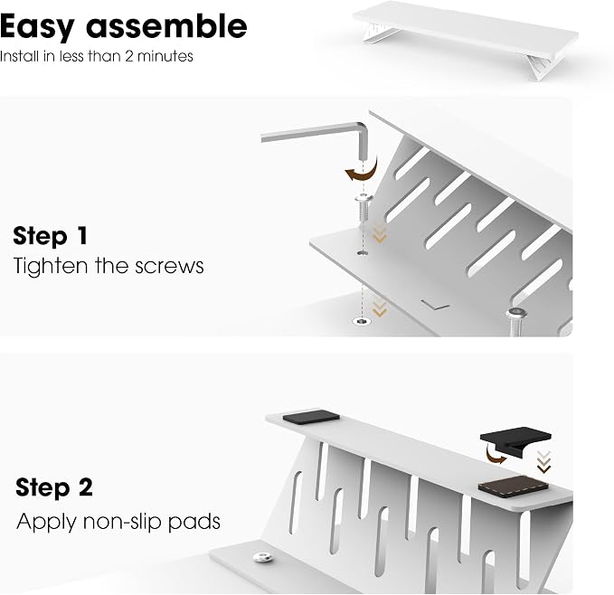 Fenge Monitor Stand Riser, Wooden & Metal Desk Shelf Organizer, White | 42.5 Inch Dual Monitor Riser for 2 Monitors, Multifunctional Monitor Shelf for Laptop, PC, Printer - Image 4