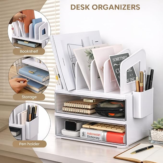 LALOBLUE Acrylic Desk Organizer with Drawer and Vertical File Holder, Desk Organizers and Accessories, Multi-Functional Office Supplies Organizer for Home or Work Desk, White - Image 3