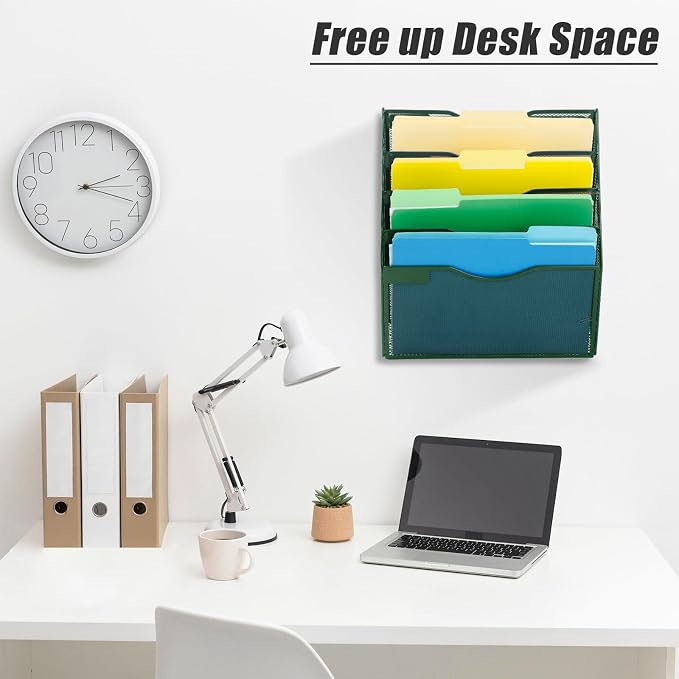 5 Pocket Mesh Hanging File Organizer, Wall Mounted Mail Paper Document Folder Holder, Clipboard Storage Organization Magazine Rack with Nametag Label for Office Home School, Dark Green - Image 6
