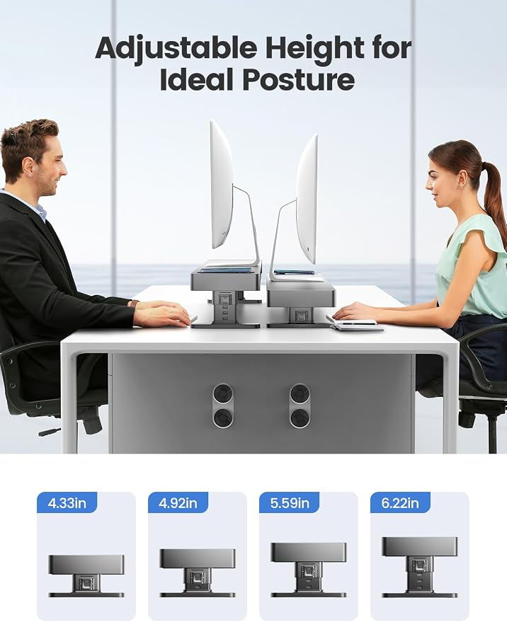 meatanty Dual Monitor Stand with 4 Adjustable Heights, Auto Phone Charging Pad, 4 USB Ports, Computer Riser with Drawers Storage, Metal Double Desk Organizer Lifter Raiser for 2 Monitors Screen Gift - Image 4