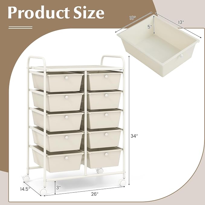 COSTWAY 10 Drawer Rolling Storage Cart, Utility Cart with Lockable Wheels | Mobile Art Supply Craft Organizer with Metal Frame, Multipurpose Drawer Cart for Paper for Office, School, White - Image 3