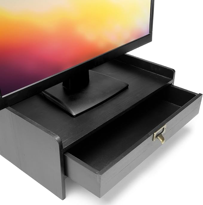 EXCELLO GLOBAL PRODUCTS Wooden Monitor Stand: Includes Drawer for Desktop Organization of Notebooks, Pens, Pencils & Office Supplies (Black) - Image 2
