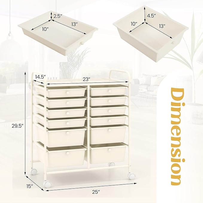 COSTWAY 12-Drawer Rolling Storage Cart, Moveable Art Craft Organizer | Lockable Wheels, Metal Shelf, Files Arrangement Tools Makeup Storage Cart for Office, Home, School (White) - Image 3