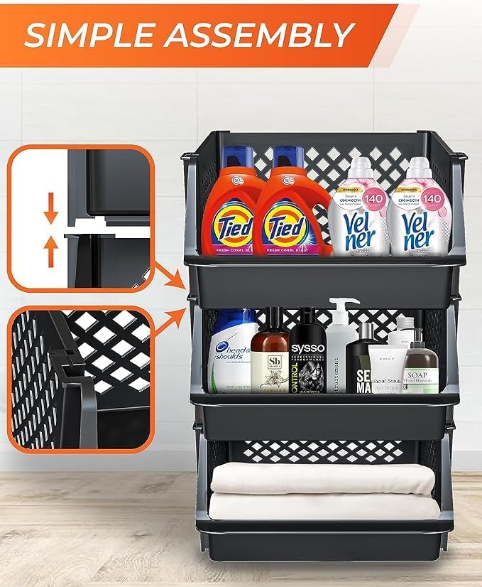 Large Stackable Storage Bins Open Front for Pantry Storage, 6 Pack - Black | Sturdy Plastic, Easy Stacking, Open Front Access, Ventilated Sides, Vertical & Space Saving Pantry Organizers and Storage Bin - Image 3