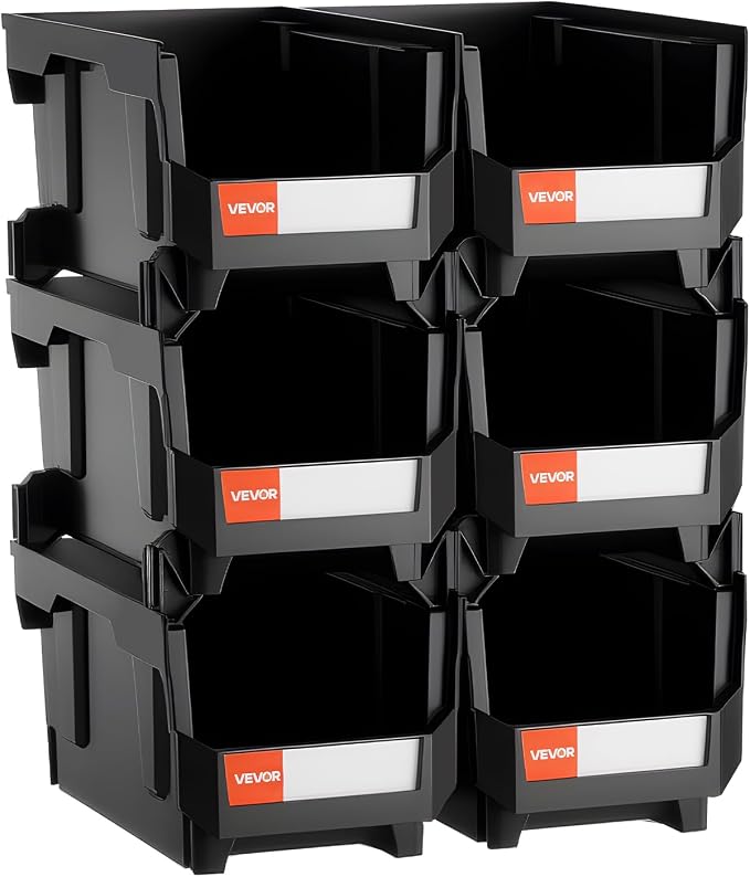 VEVOR Plastic Stackable Storage Bins, 14.8 x 8.5 x 7.1 inch (6 Pack), Plastic Containers for Organizing and Storage Bins for Closet, Garage, Small Parts, Office Supplies and Other Accessories, Black - Image 9