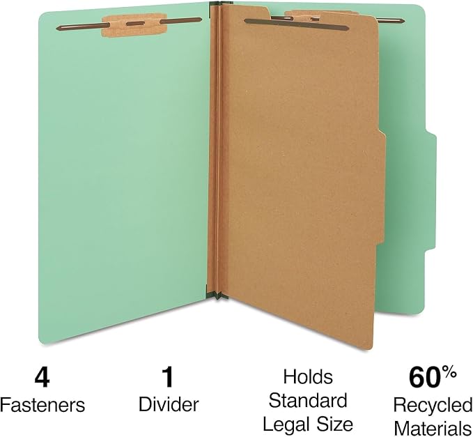 Staples Pressboard Classification Folders, Legal Size, 1‑Divider, 1.75" Expansion, Light Green, Heavy‑Duty Construction – 40/Carton - Image 2