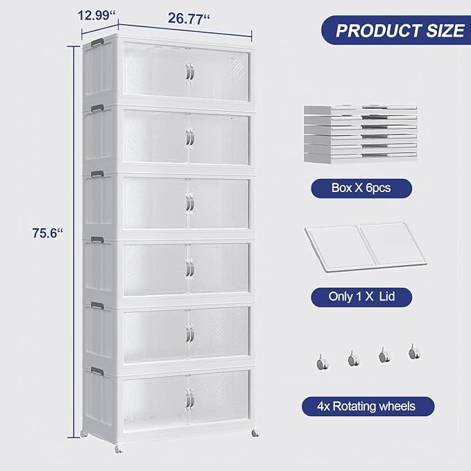 720QT Extra Large Stackable Storage Bins with Lid, 180Gal Plastic Closet Organizers and Storage Drawer, Collapsible Cabinet Box with Wheels Clear Doors for Home Kitchen Garage, 6Pack White - Image 2