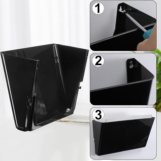 Tenceur 10 Pcs Single Pocket File Holder Wall Mount Black Plastic Pocket with Screws and Tape Hanging File Organizer Letter Holder for Back to School Letters Mail Magazine Office - Image 6