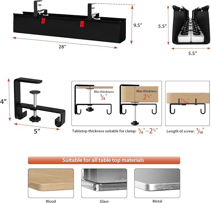 Univivi No Drill Under Desk Cable Management Tray, 28 inch Cable Management | Clamp/Screw Mount Cable Tray under desk, Premium Fabric Cord 0rganizer for Desk, Various Size Cord Organizer for Office, Home - Image 4