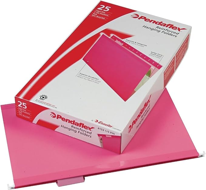 Pendaflex 04153 1/5 PIN Reinforced Hanging Folders, Legal Size, Pink, 1/5 Cut, 25/BX (4153) by TOPSProducts