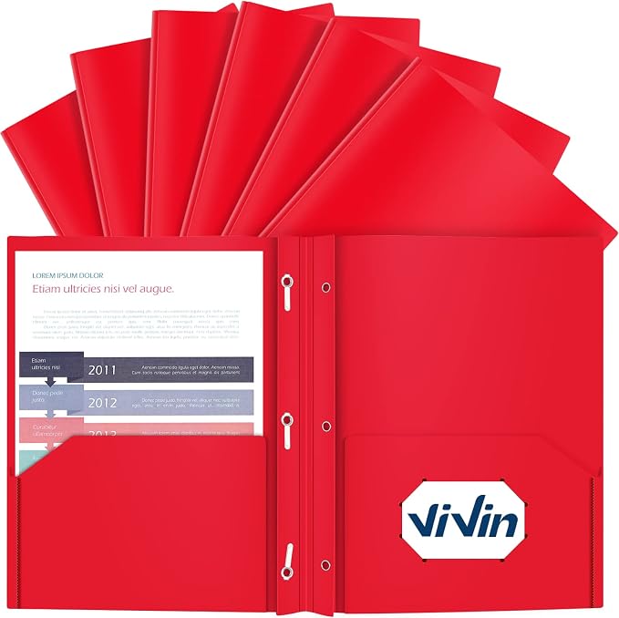 ViVin 12 Pack Plastic Folders with Pockets and Prongs, Heavy Duty 2 Pocket Folders with 3-Prong Fasteners, Poly File Holds 8-1/2" x 11" Paper for School Office Home (Red) by ViVin