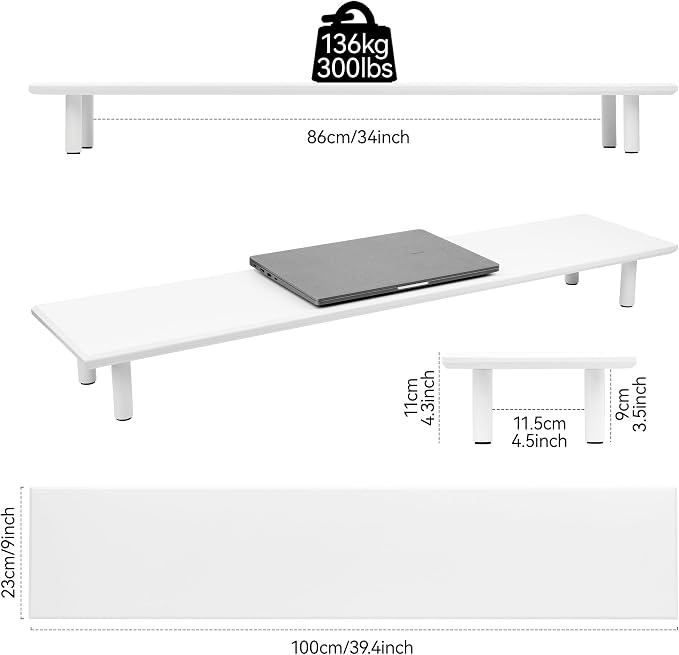 Bamboo Dual Monitor Stand Riser, White Desk Shelf with Storage | 39.37-Inch Wide, 3.5-Inch Clearance, Fits Keyboards, Soundbars and Two 24-Inch Monitors for Home Office - Image 2