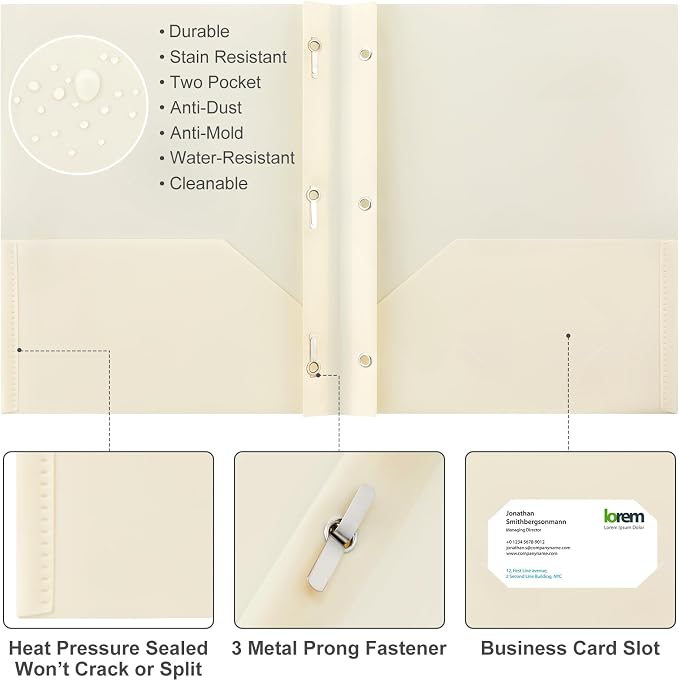 Cholemy 72 Packs Pocket Folders with Prongs Heavy Duty Plastic Folder with Business Card Slot 3 Prong Fasteners for School Office (Beige) - Image 3